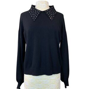LIV Milano Long Balloon Sleeve Black Sweater Rhinestone Embellished Collar XL